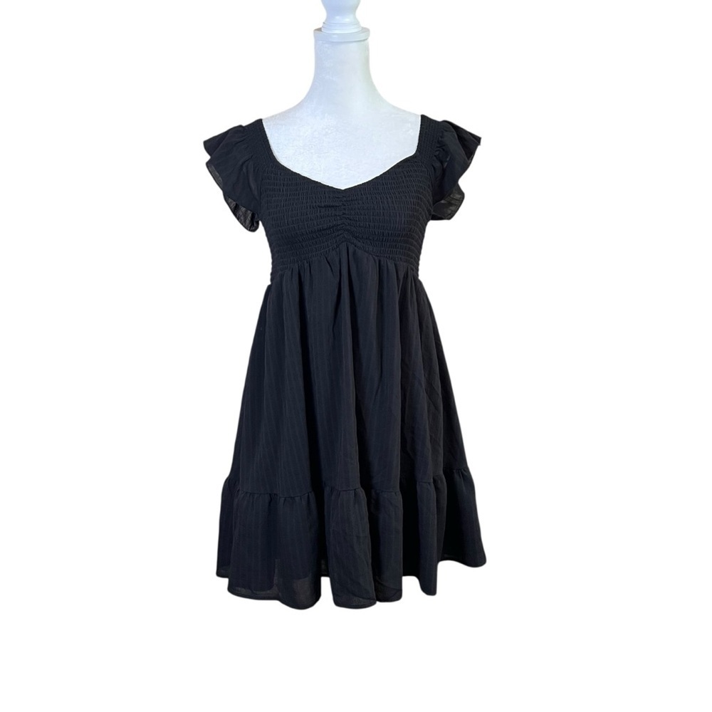 Thirty/Thirty LA Black Babydoll Mini Dress Sz Medium Peasant Smocked Milkmaid